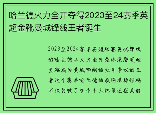 哈兰德火力全开夺得2023至24赛季英超金靴曼城锋线王者诞生