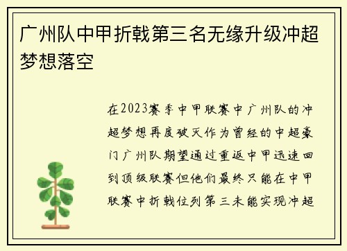 广州队中甲折戟第三名无缘升级冲超梦想落空