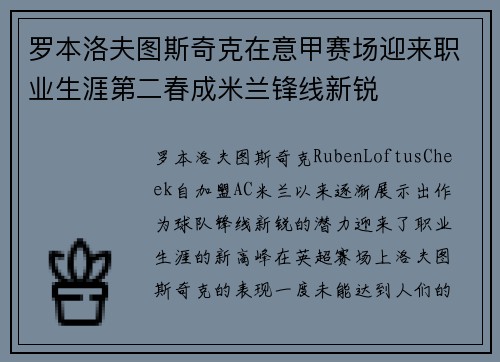 罗本洛夫图斯奇克在意甲赛场迎来职业生涯第二春成米兰锋线新锐